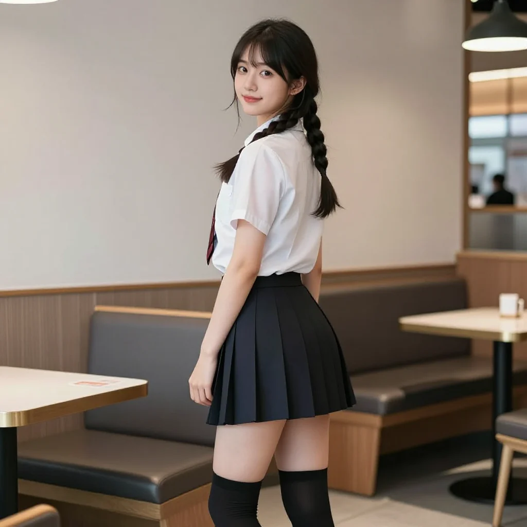 咖啡馆里的校服少女主題圖片 0111，杰作，最佳画质，极致细节，照片级写实 , 高细节服装展示风格