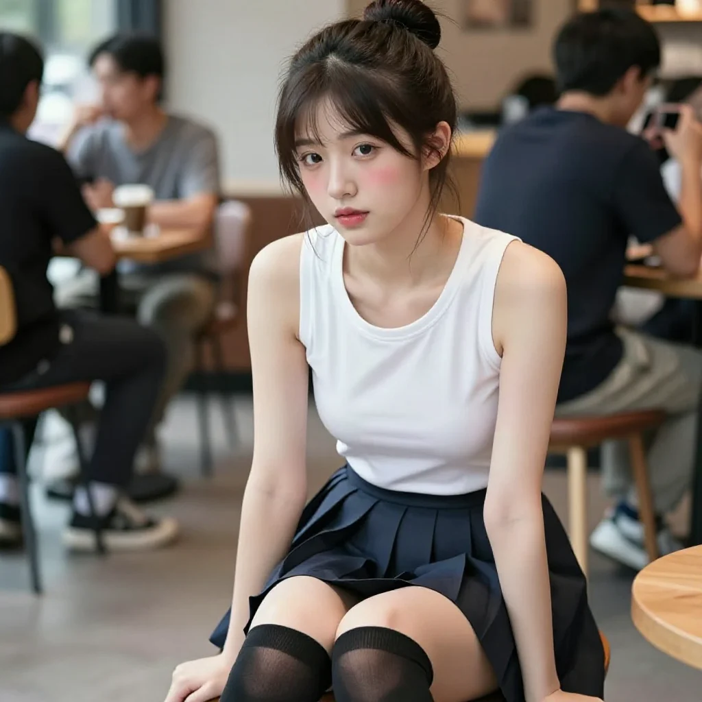 咖啡馆里的校服少女主題圖片 0129，杰作，最佳画质，极致细节，照片级写实 , 动漫展抓拍风格