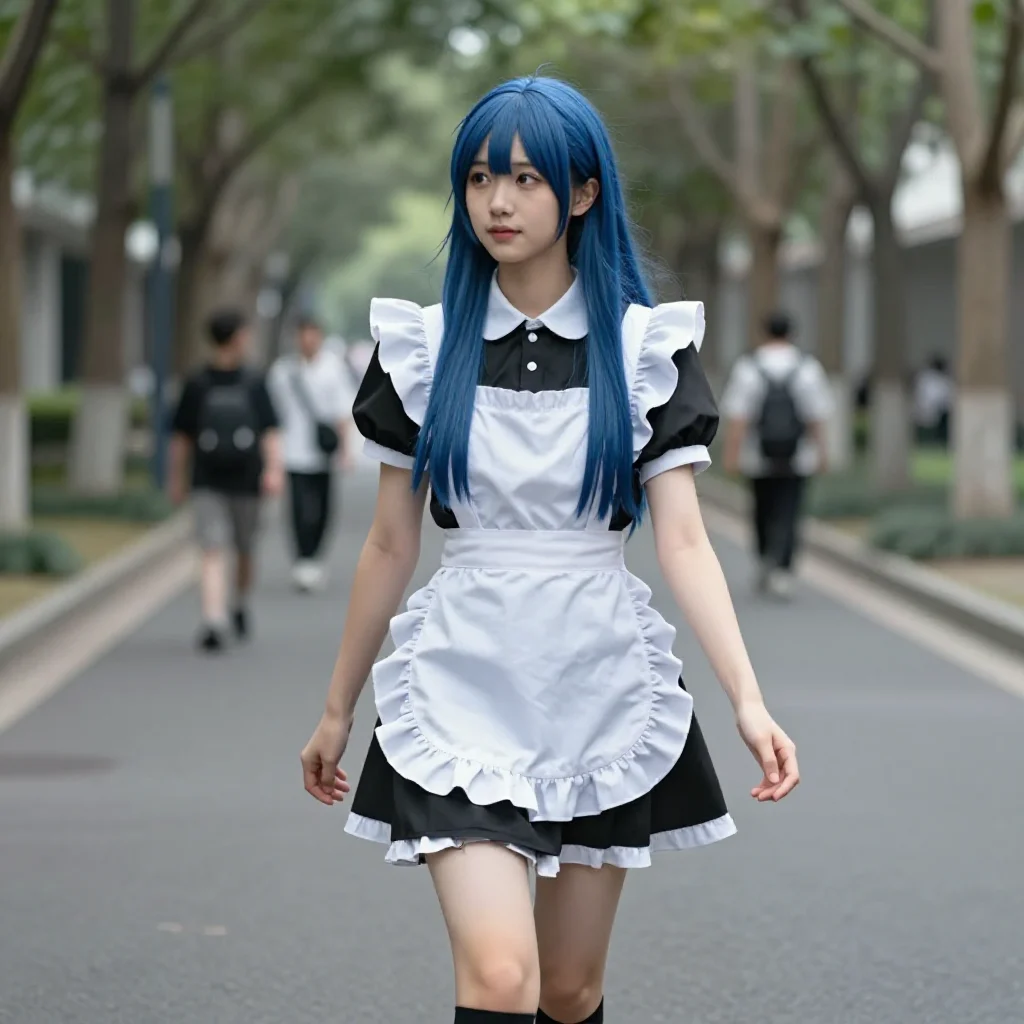 蓝发少女的校园日常主题图片 0208，杰作，最佳画质，极致细节，照片级写实 , 轻胶片漫展摄影风格