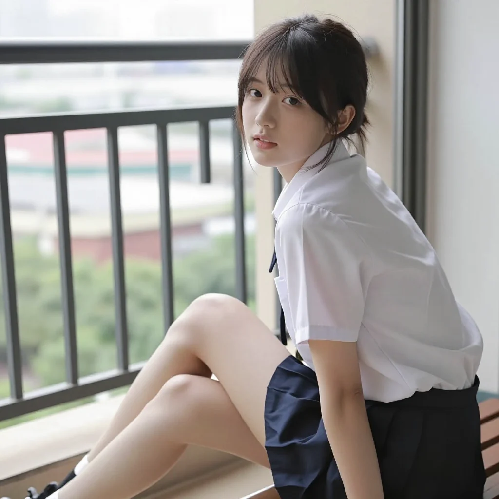 窗边的校服少女主题图片 0351，杰作，最佳画质，极致细节，照片级写实 , 现场氛围感抓拍风格