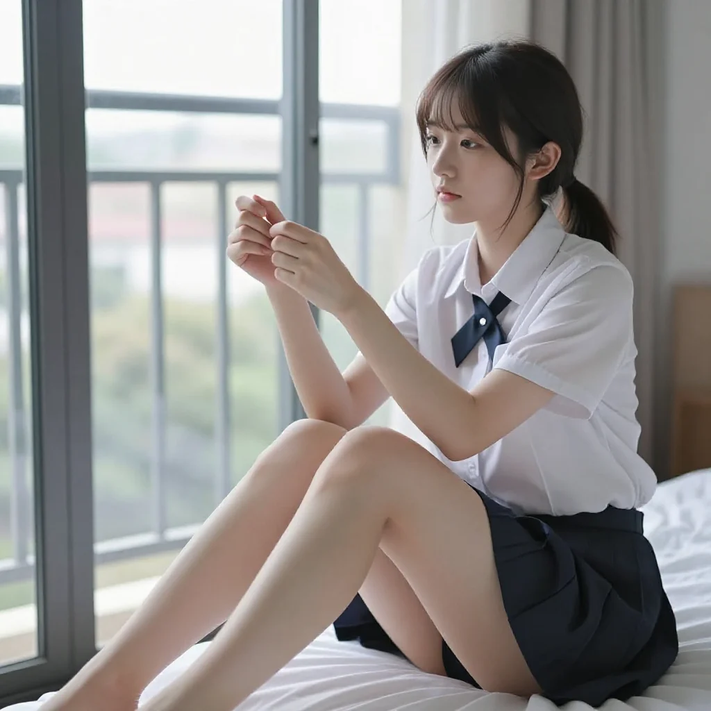 窗边的校服少女主题图片 0352，杰作，最佳画质，极致细节，照片级写实 , 现场氛围感抓拍风格