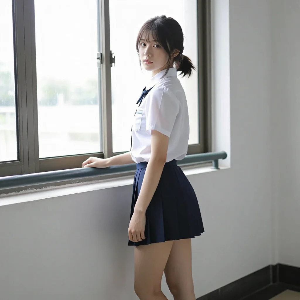 窗边的校服少女主题图片 0354，杰作，最佳画质，极致细节，照片级写实 , 现场氛围感抓拍风格