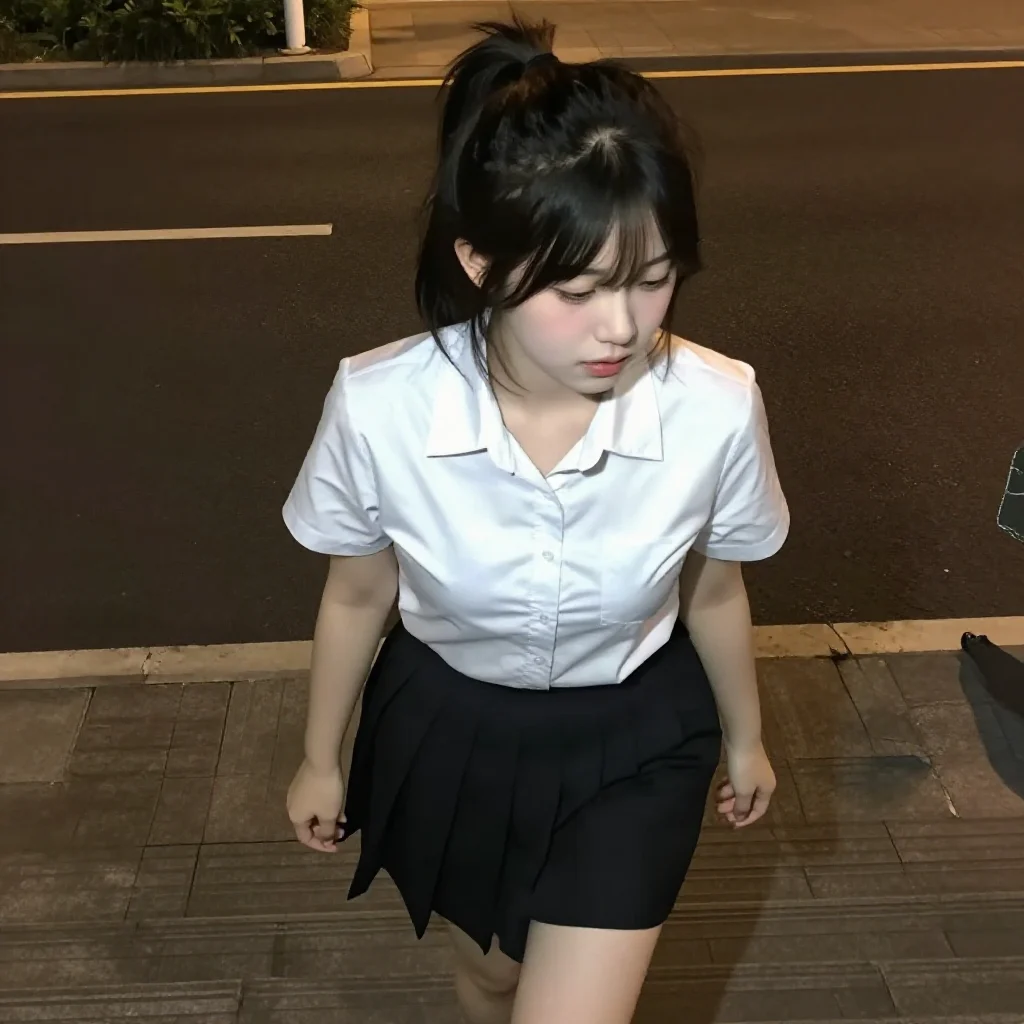 夜色下的校服少女主题图片 0403，杰作，最佳画质，极致细节，照片级写实 , 清新角色私摄风格