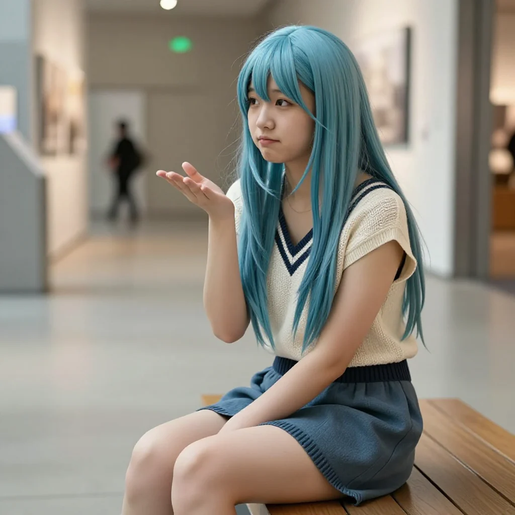 蓝发少女的美术馆时光主题图片 0530，杰作，最佳画质，极致细节，照片级写实 , 电影感角色摄影风格