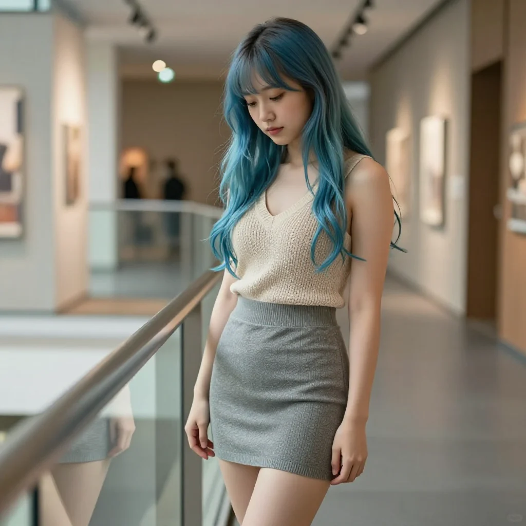 蓝发少女的美术馆时光主题图片 0531，杰作，最佳画质，极致细节，照片级写实 , 电影感角色摄影风格