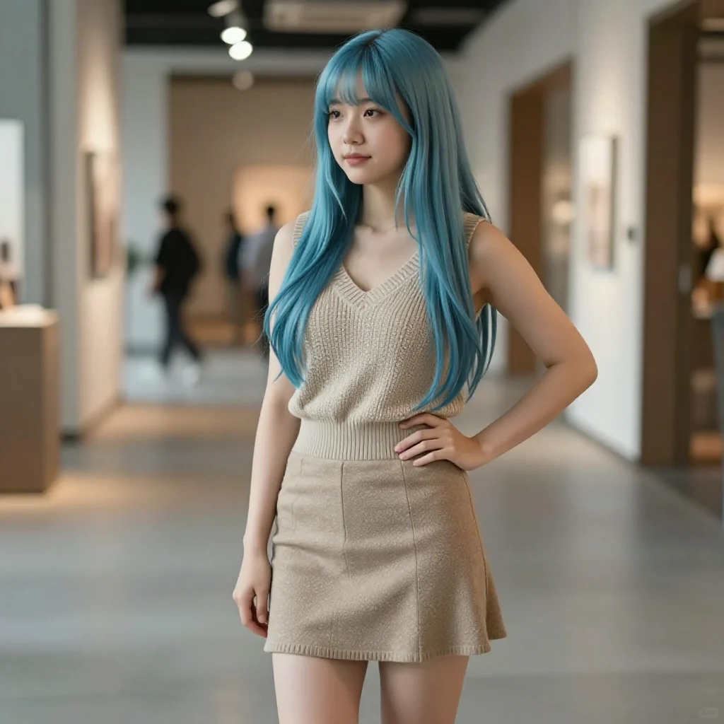 蓝发少女的美术馆时光主题图片 0532，杰作，最佳画质，极致细节，照片级写实 , 电影感角色摄影风格