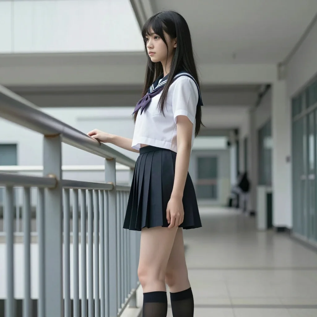 楼梯上的校服少女主題圖片 0539，杰作，最佳画质，极致细节，照片级写实 , 日系动漫角色写真风格