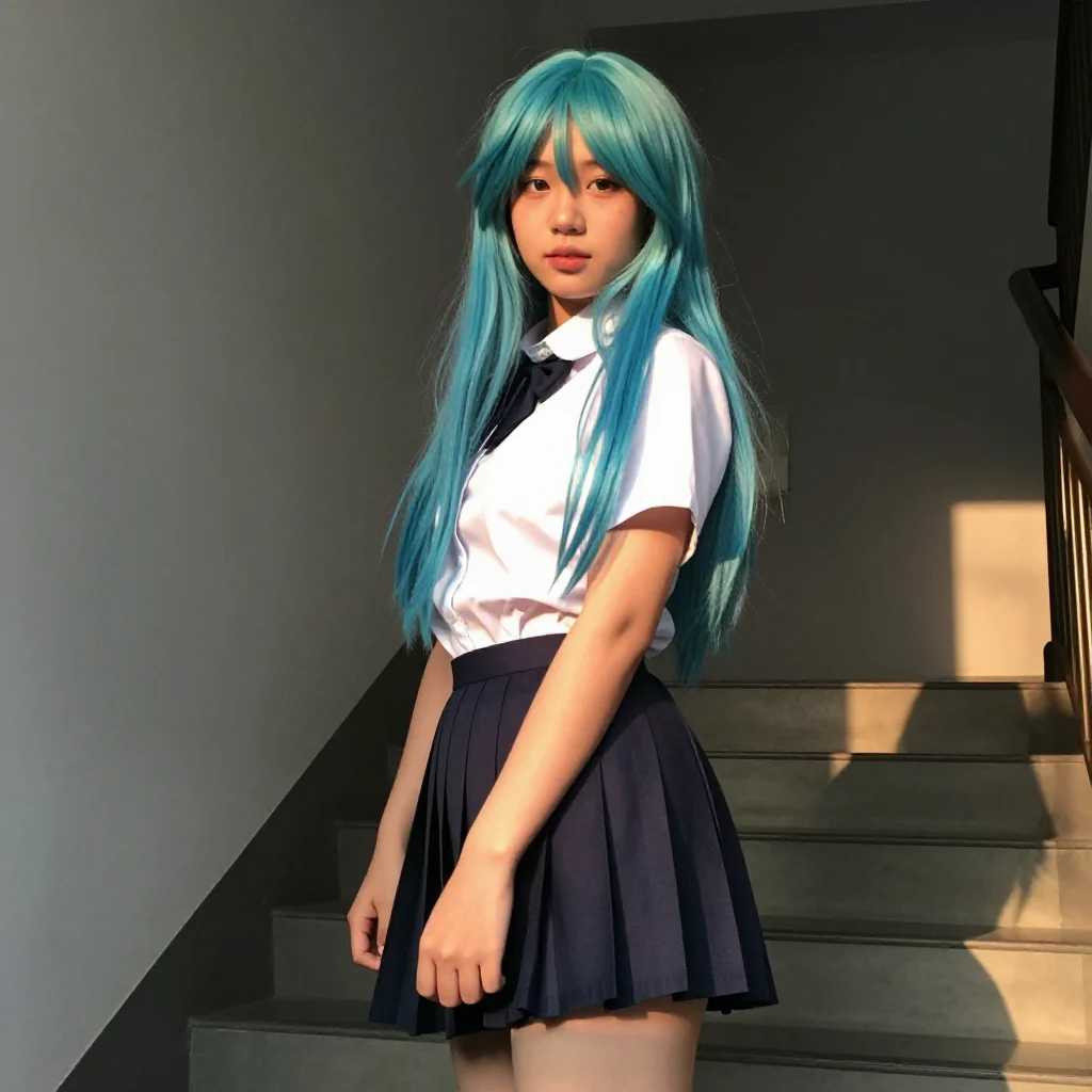 蓝发少女的校园午后主题图片 0547，杰作，最佳画质，极致细节，照片级写实 , 轻胶片漫展摄影风格