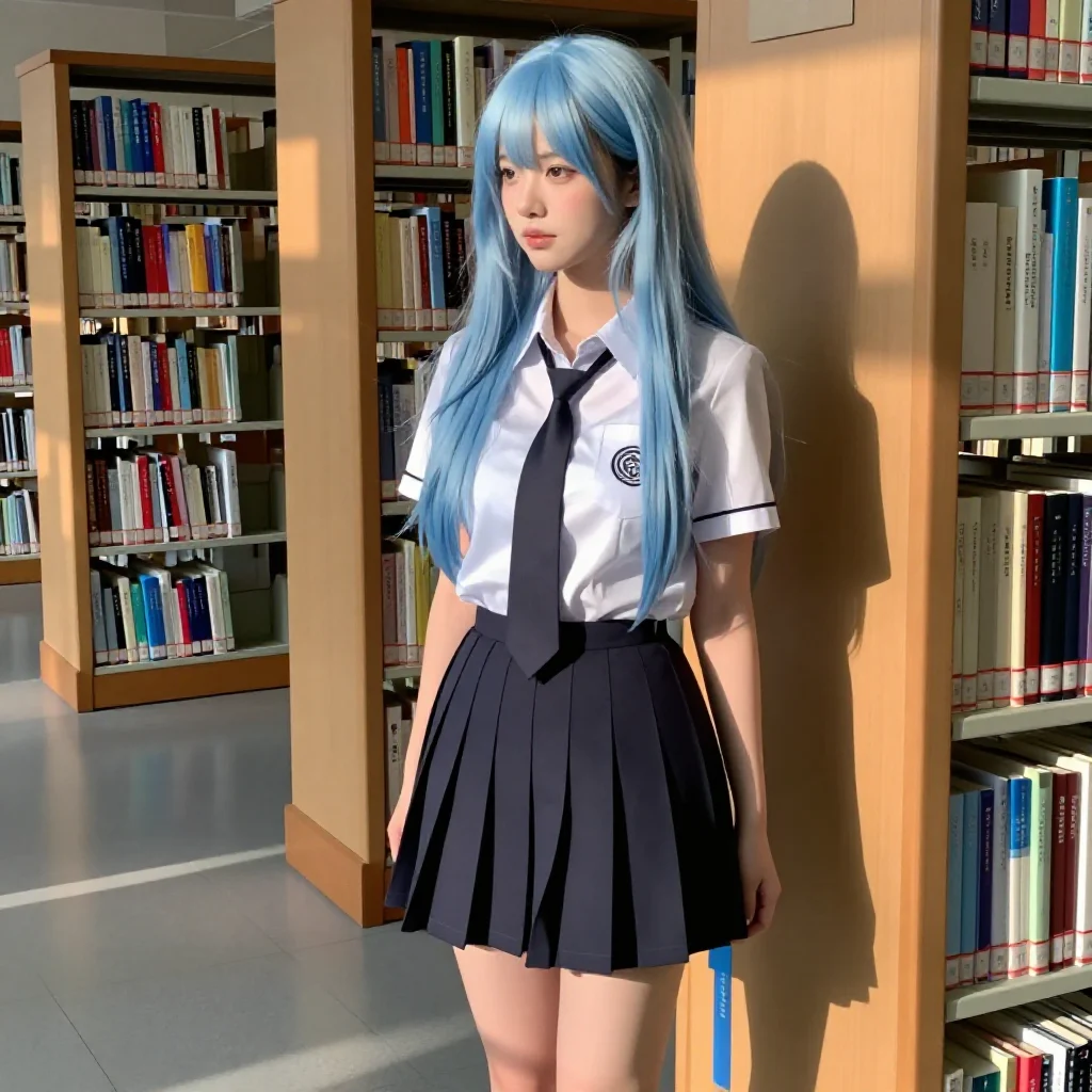 图书馆里的蓝发学姐主题图片 0610，杰作，最佳画质，极致细节，照片级写实 , 展馆自然光写真风格