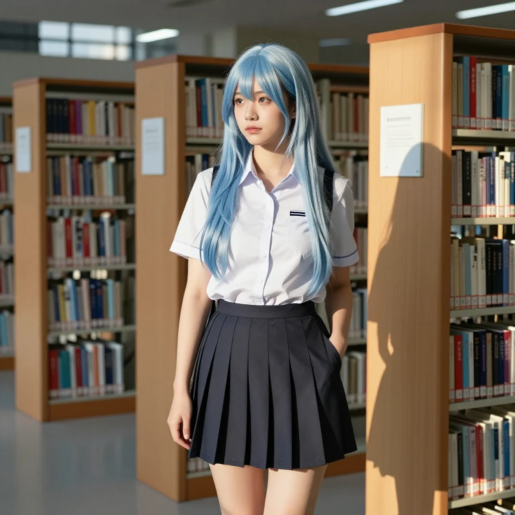 图书馆里的蓝发学姐主题图片 0611，杰作，最佳画质，极致细节，照片级写实 , 展馆自然光写真风格