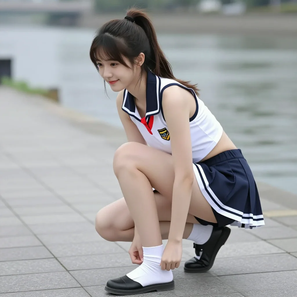 水边的制服少女主題圖片 0698，杰作，最佳画质，极致细节，照片级写实 , 路人视角摄影风格