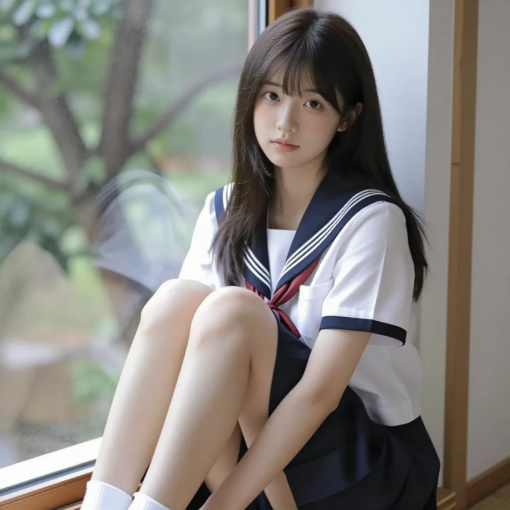 窗边的校园少女主题图片 0728，杰作，最佳画质，极致细节，照片级写实 , 日系清新写真风格