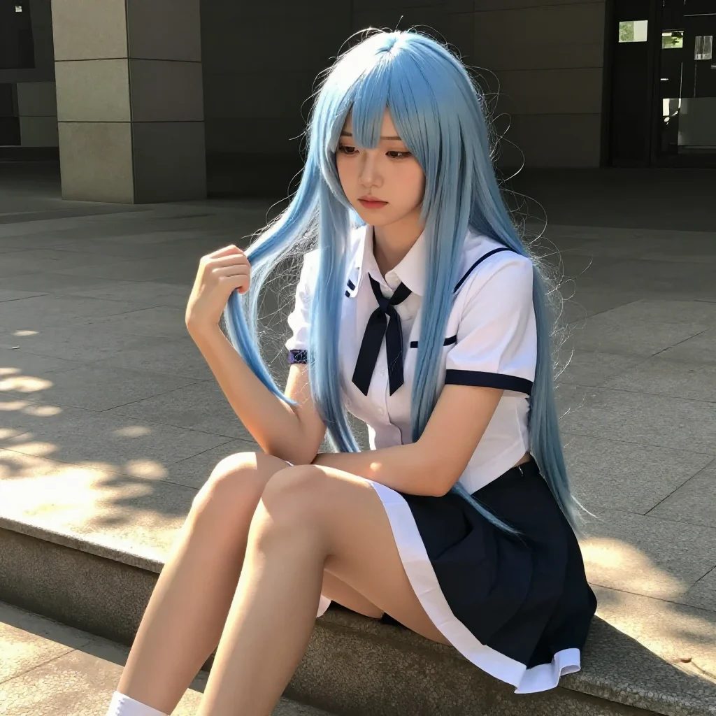 蓝发学姐的午后主题图片 0744，杰作，最佳画质，极致细节，照片级写实 , 展馆自然光写真风格