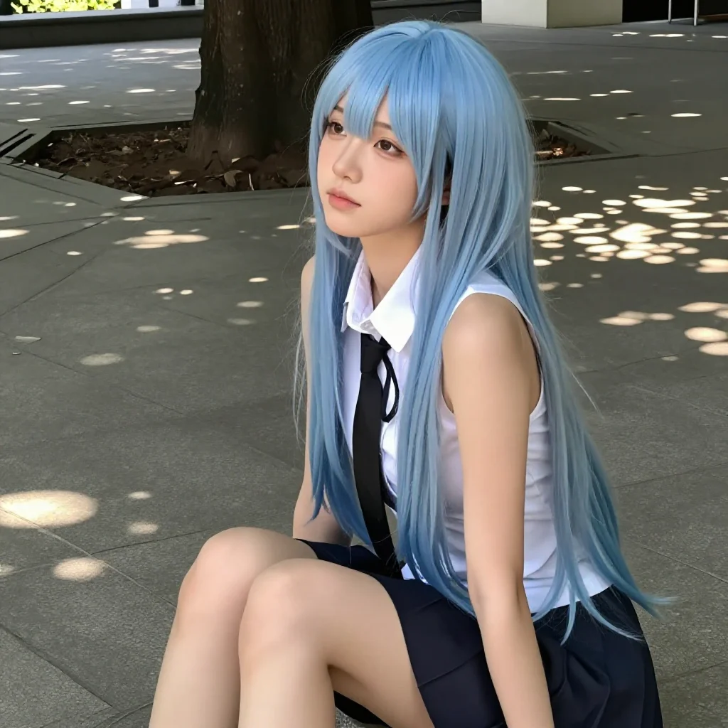 蓝发学姐的午后主题图片 0746，杰作，最佳画质，极致细节，照片级写实 , 展馆自然光写真风格