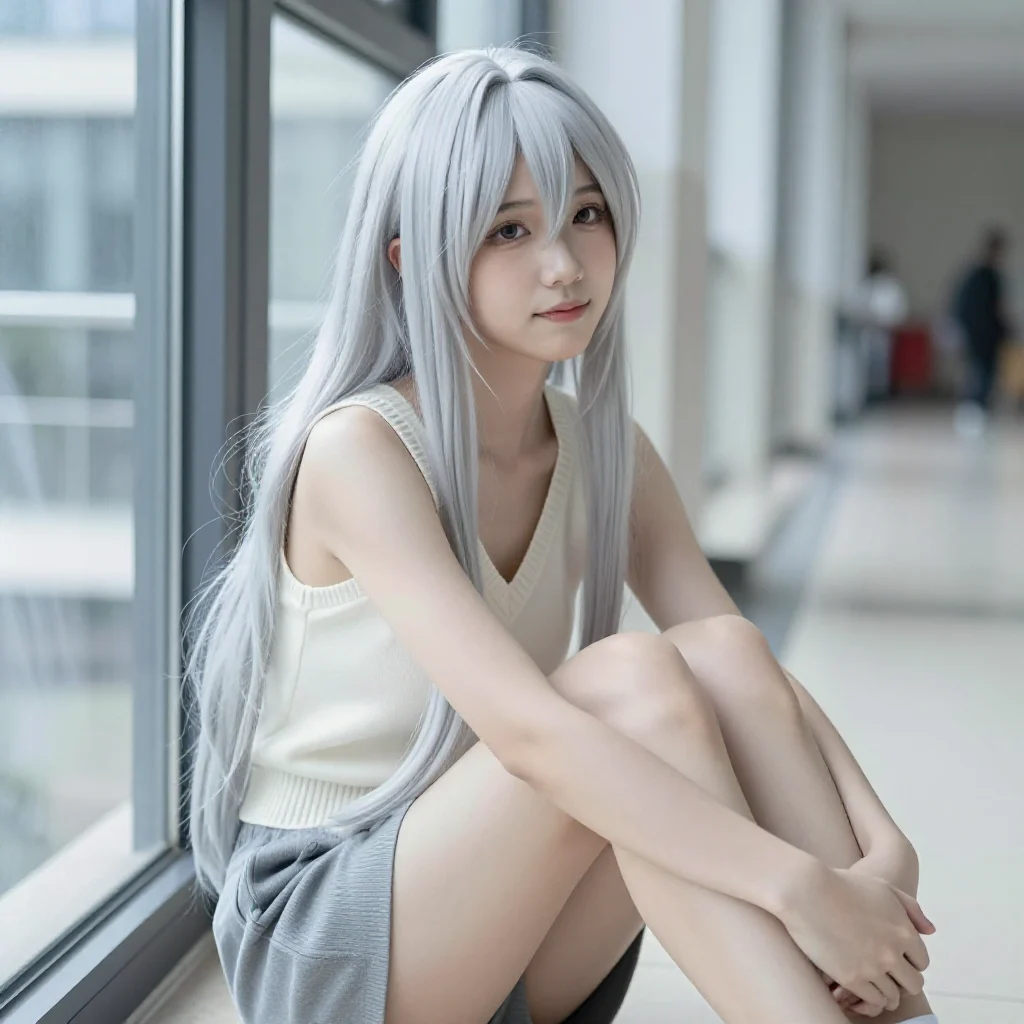 银发少女的走廊时光主題圖片 0787，杰作，最佳画质，极致细节，照片级写实 , 清透漫展人像风格