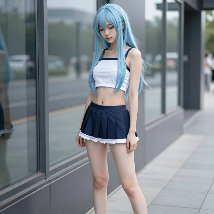 蓝发少女的校园日常主题图片 0027，杰作，最佳画质，极致细节，照片级写实 , 偶遇抓拍风格