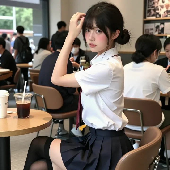 咖啡馆里的校服少女主題圖片 0125，杰作，最佳画质，极致细节，照片级写实 , 动漫展抓拍风格