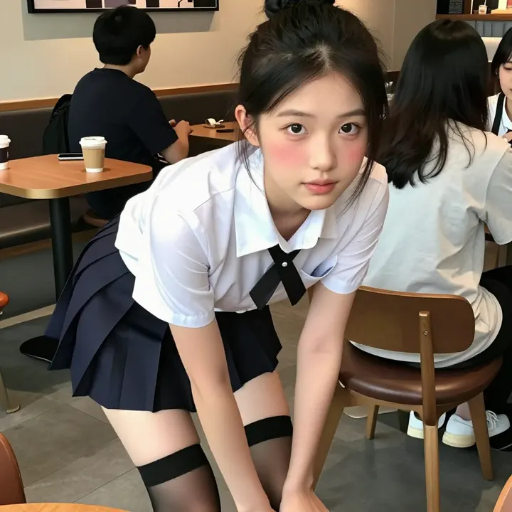咖啡馆里的校服少女主題圖片 0128，杰作，最佳画质，极致细节，照片级写实 , 动漫展抓拍风格