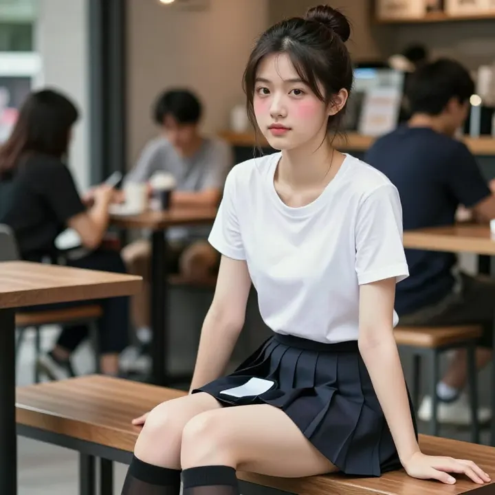 咖啡馆里的校服少女主題圖片 0130，杰作，最佳画质，极致细节，照片级写实 , 动漫展抓拍风格