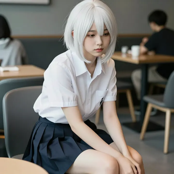 银发少女的咖啡馆时光主题图片 0301，杰作，最佳画质，极致细节，照片级写实 , 轻胶片漫展摄影风格