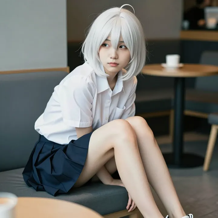 银发少女的咖啡馆时光主题图片 0303，杰作，最佳画质，极致细节，照片级写实 , 轻胶片漫展摄影风格