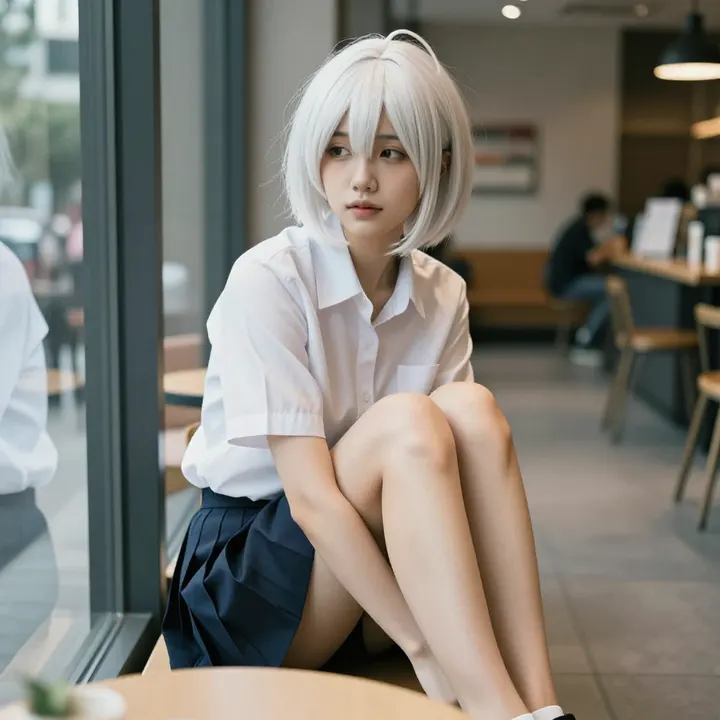 银发少女的咖啡馆时光主题图片 0305，杰作，最佳画质，极致细节，照片级写实 , 轻胶片漫展摄影风格