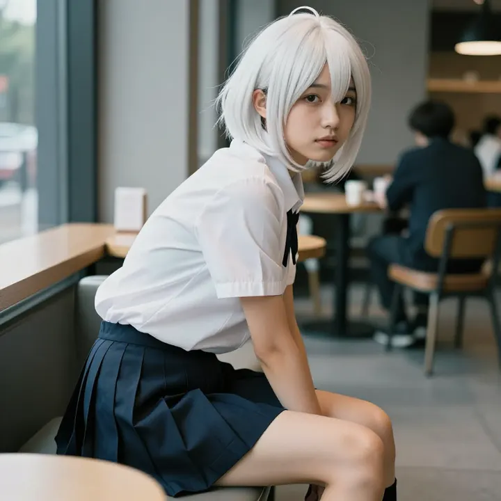 银发少女的咖啡馆时光主题图片 0306，杰作，最佳画质，极致细节，照片级写实 , 轻胶片漫展摄影风格