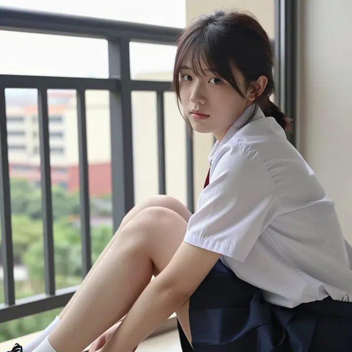 窗边的校服少女主題圖片 0353，杰作，最佳画质，极致细节，照片级写实 , 现场氛围感抓拍风格