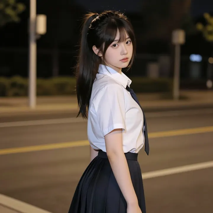 夜色下的校服少女主題圖片 0404，杰作，最佳画质，极致细节，照片级写实 , 清新角色私摄风格