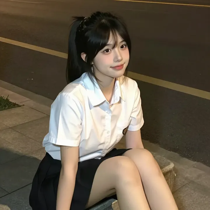 夜色下的校服少女主題圖片 0406，杰作，最佳画质，极致细节，照片级写实 , 清新角色私摄风格