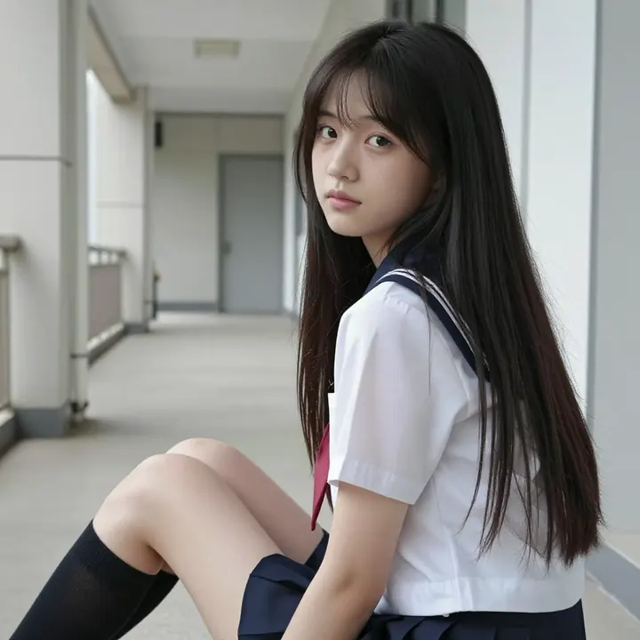 楼梯上的校服少女主題圖片 0541，杰作，最佳画质，极致细节，照片级写实 , 日系动漫角色写真风格