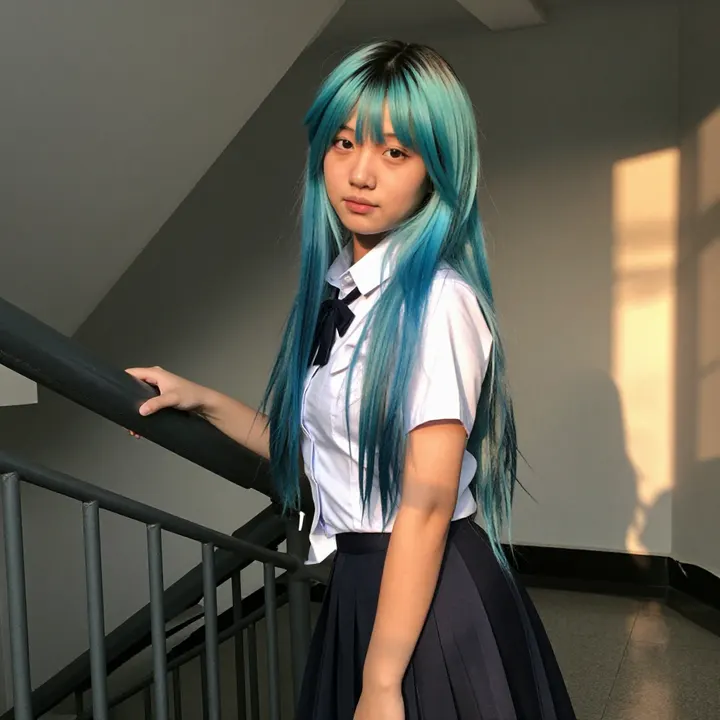 蓝发少女的校园午后主题图片 0544，杰作，最佳画质，极致细节，照片级写实 , 轻胶片漫展摄影风格