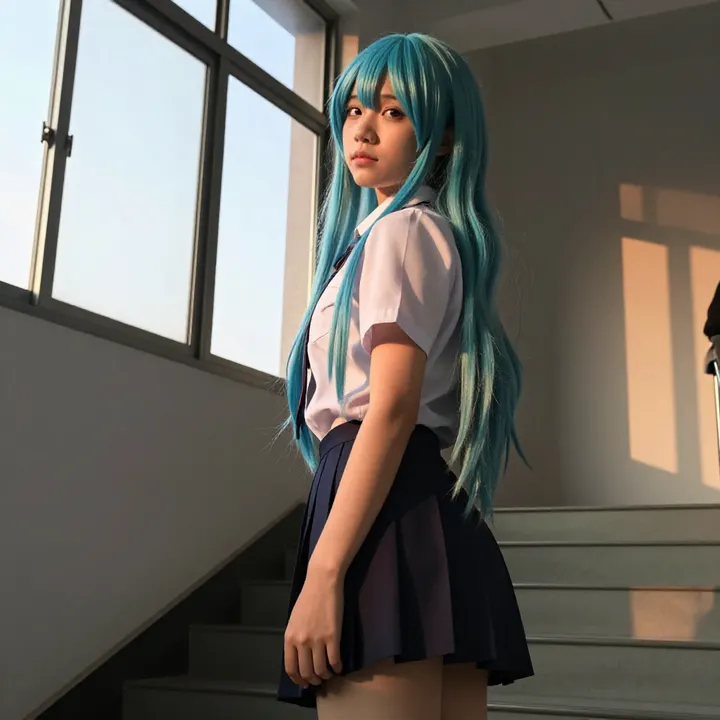 蓝发少女的校园午后主题图片 0545，杰作，最佳画质，极致细节，照片级写实 , 轻胶片漫展摄影风格