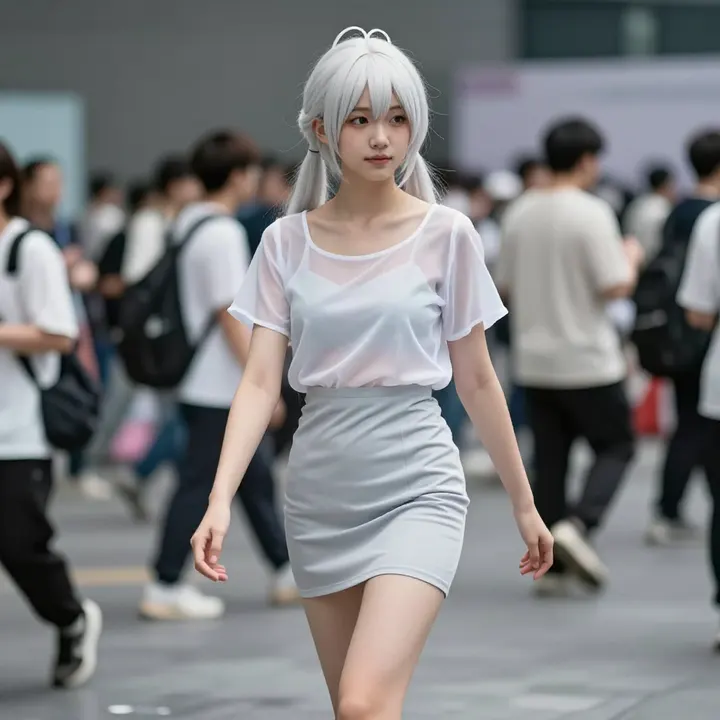 银发少女的校园漫步主題圖片 0561，杰作，最佳画质，极致细节，照片级写实 , 轻纪实二次元人像风格