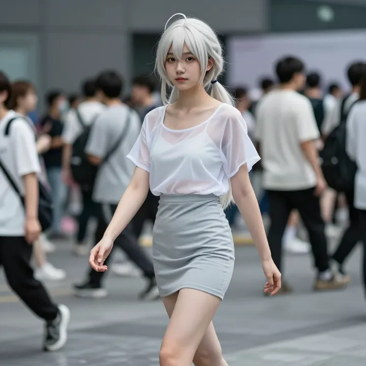 银发少女的校园漫步主題圖片 0563，杰作，最佳画质，极致细节，照片级写实 , 轻纪实二次元人像风格