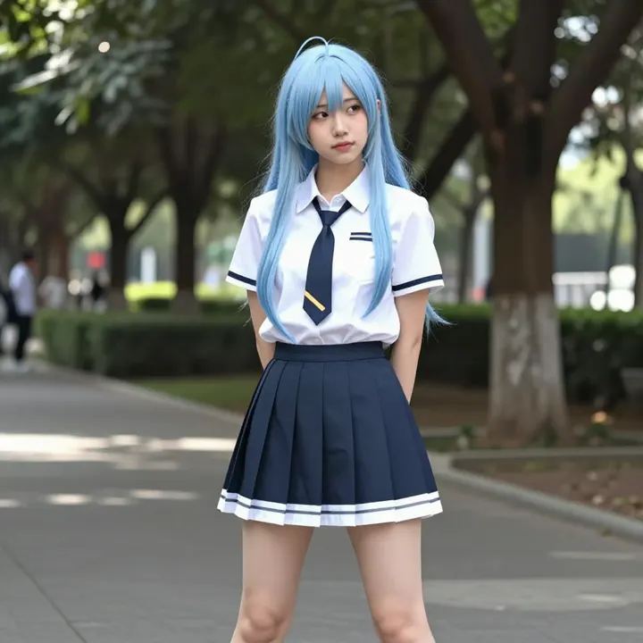 蓝发学姐的午后主题图片 0745，杰作，最佳画质，极致细节，照片级写实 , 展馆自然光写真风格