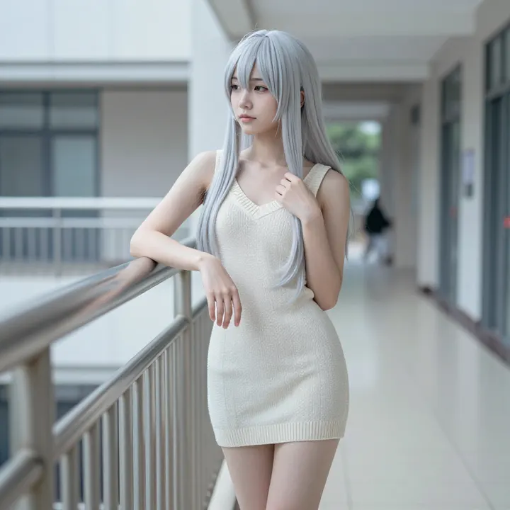 银发少女的走廊时光主題圖片 0789，杰作，最佳画质，极致细节，照片级写实 , 清透漫展人像风格